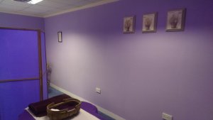 Ambient light and soft music creates a soothing atmosphere